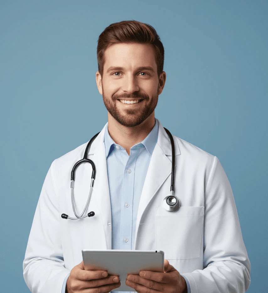 Smiling doctor holding a tablet